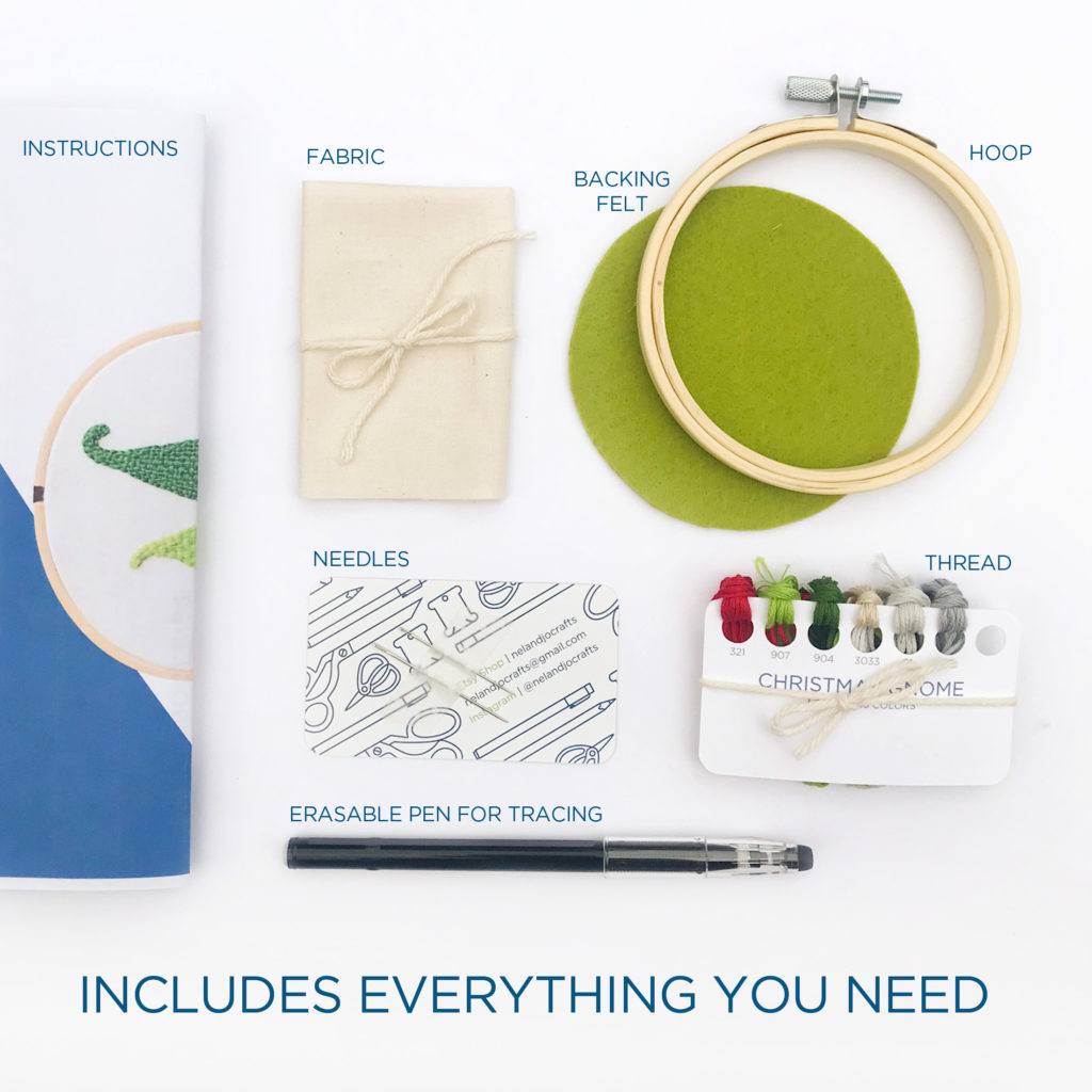 Contents of embroidery kit. Image shows, instructions, fabric, backing felt, hoop, needles, thread, and erasable pen for tracing.