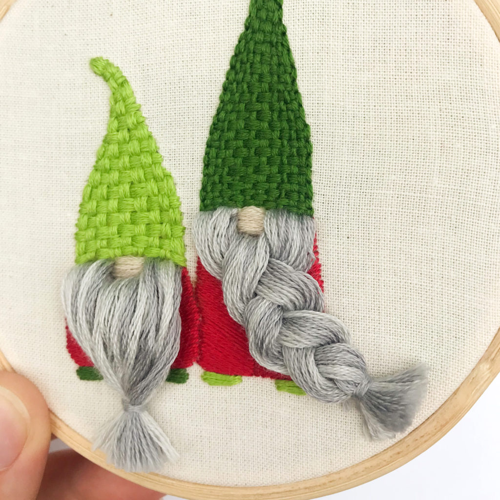 DIY Christmas Ornament of two Christmas Gnomes. Green hats, red bodies, and 3D beards. 