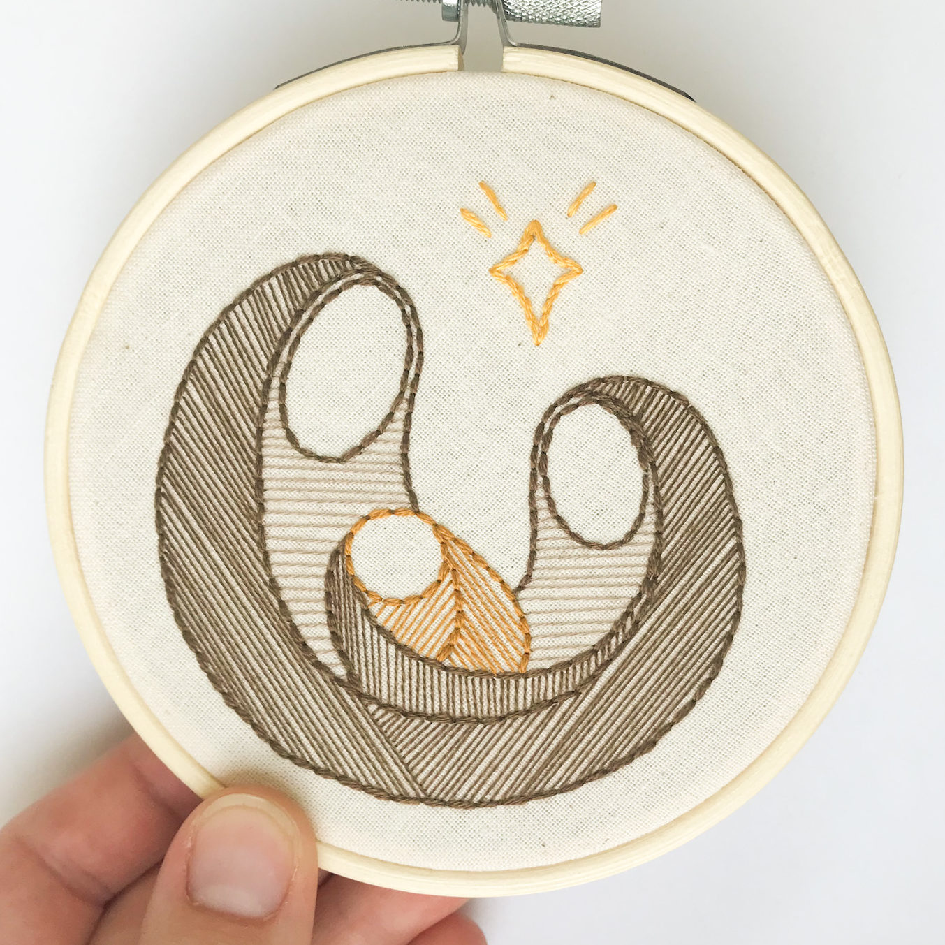 DIY Christmas Ornament, simple Nativity scene of Joseph, Mary and baby Jesus. Hand stitched embroidery hoop. 