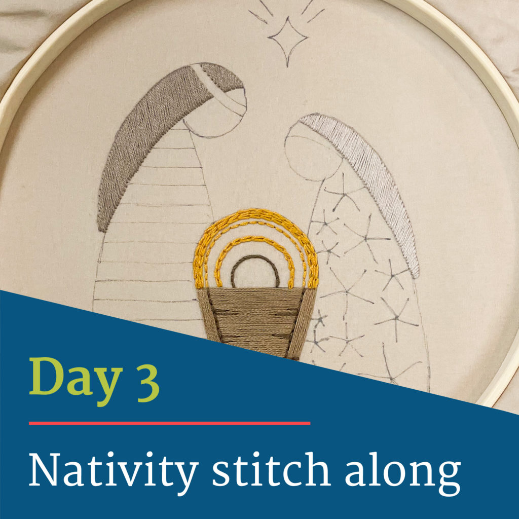 Image show partially stitch Nativity scene. Text reads "Day 3, Nativity stitch along."