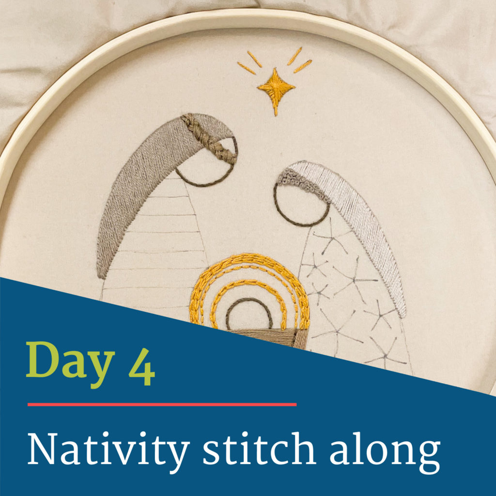 Partially stitched Nativity scene. Text reads "Day 4, Nativity stitch along"