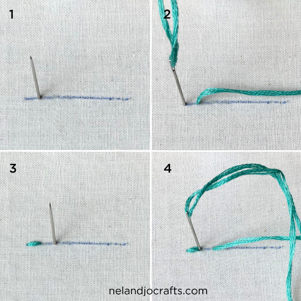 Image shows 4 step process for backstitch. Steps explained below the images.