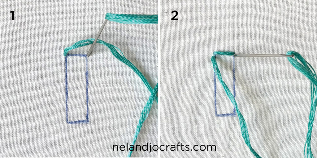 Image shows step 1 and 2 for satin stitch. Descriptions for each step are below the image.