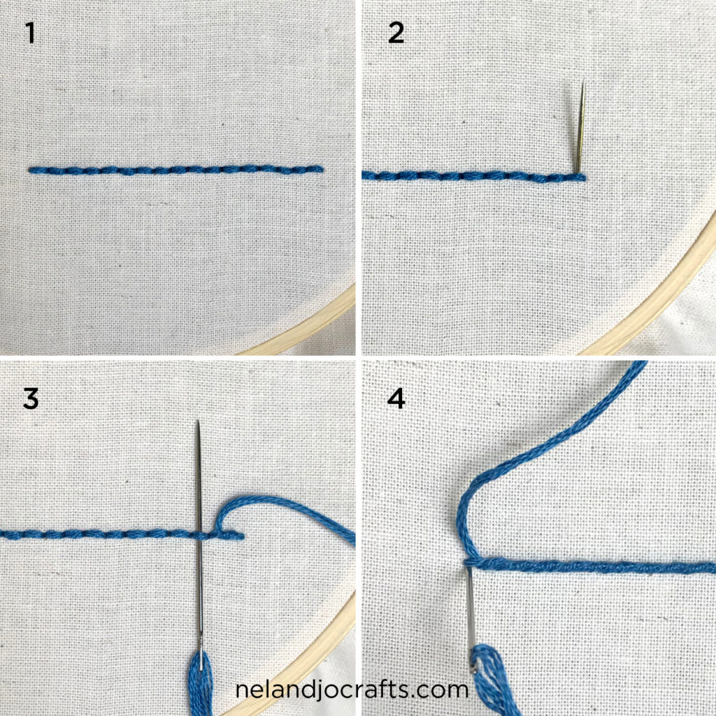 4 step process for making whipped backstitch. Descriptions for each step found below the image.