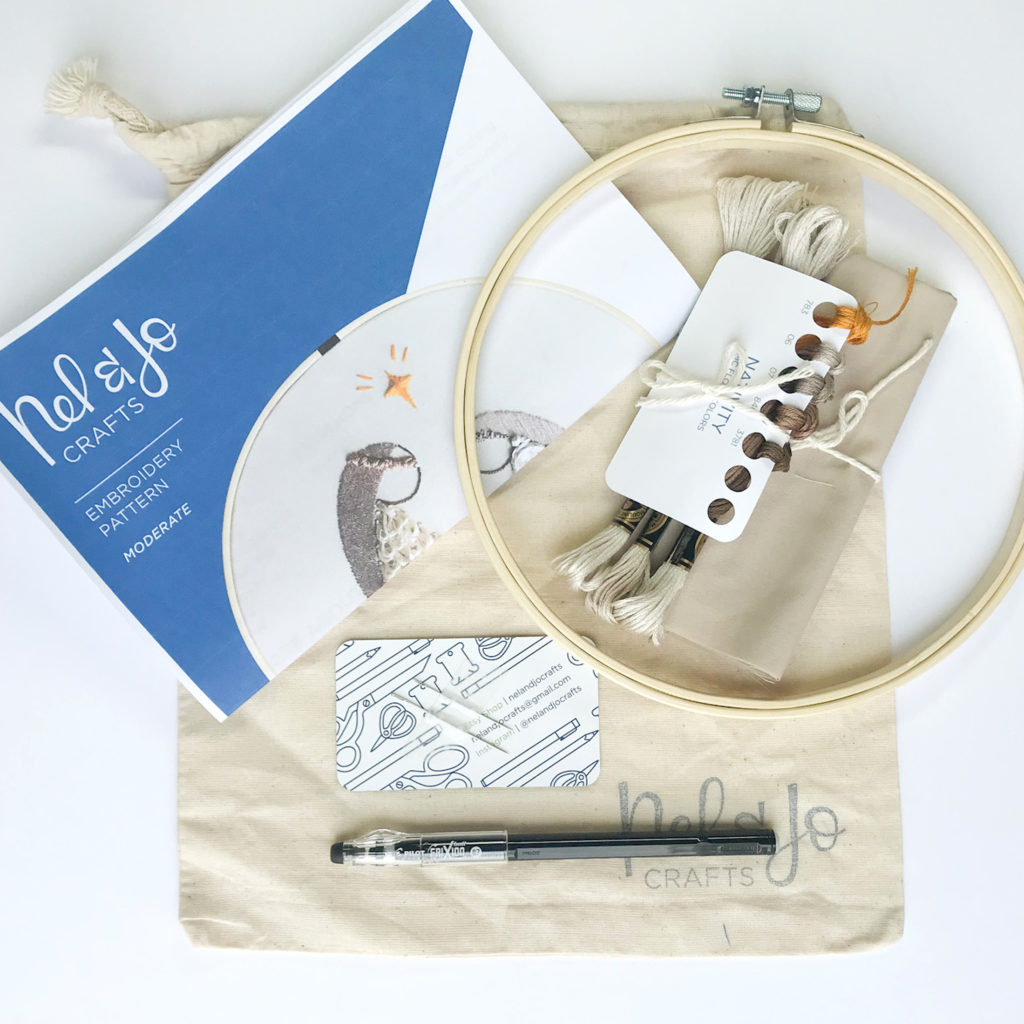 Picture of embroidery supplies in the Nativity kit. Shows, project bag, tracing pen, needles, hoop, floss, and instructions booklet.