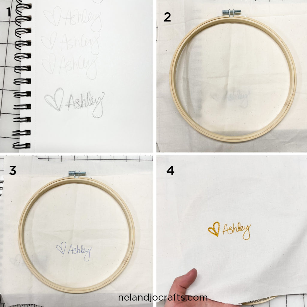First 4 steps of finishing an embroidery with fabric on the back. Step described below the image.