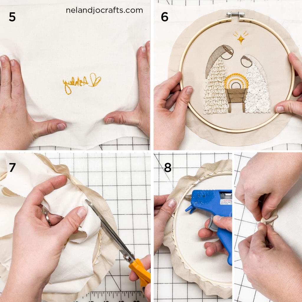 steps 5 -8 of finishing an embroidery hoop with fabric. Steps explained below the image.