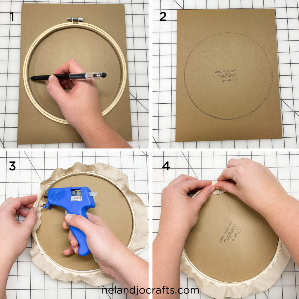 image show 4 steps to finishing an embroidery back with paper. Steps explained blow. 