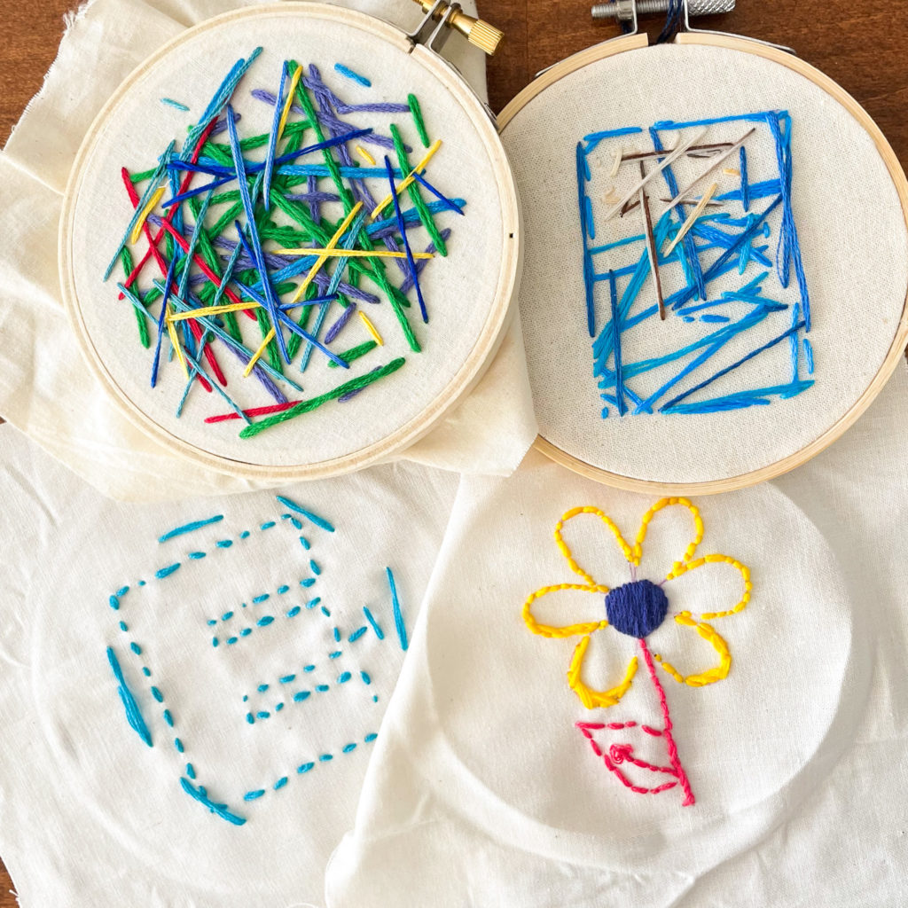 Show four different hoops stitched by kids to illustrate one of the benefits of learning embroidery, creativity.