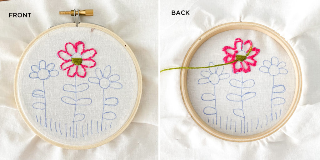 Pictures show the front and back of the same hoop. Explaining Embroidery tip 1.