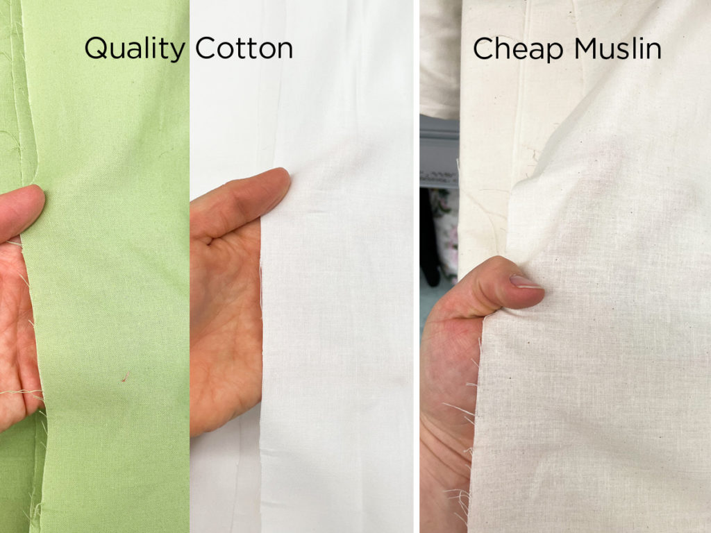 Left side shows two pieces of quality fabric with a hand underneath the fabric. Right side shows muslin with a hand under the fabric. You see the hand through the muslin fabric. 