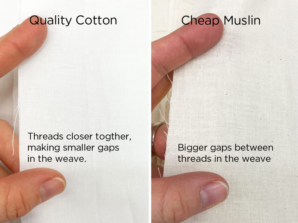 Left side shows a quality piece of cotton with a tighter weave. The right side shows a cheaper piece of fabric with a looser weave. Text talks about the difference in gaps between threads in the fabric weave.
