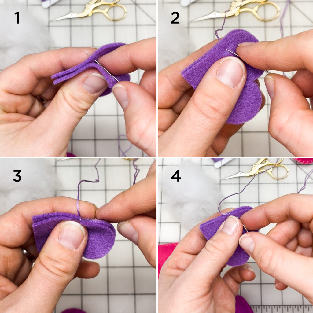 Steps 1 - 4 for how to make blanket stitch. Descriptions below image.