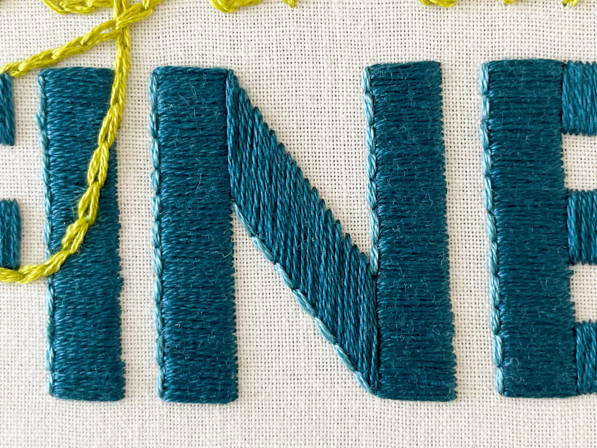 The letter "N" filled in with one of the best fill stitches for Thick embroidery letters, statin stitch. 