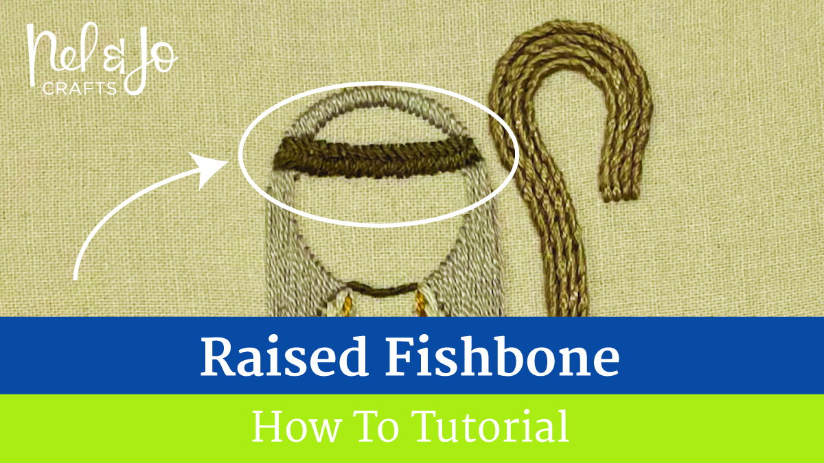 Image text says "Raised Fishbone - How To Tutorial. Shows cropped in picture of a stitched Nativity Shepherds headband. There is a circle around the headband showing where the raised fishbone stitch is found.
