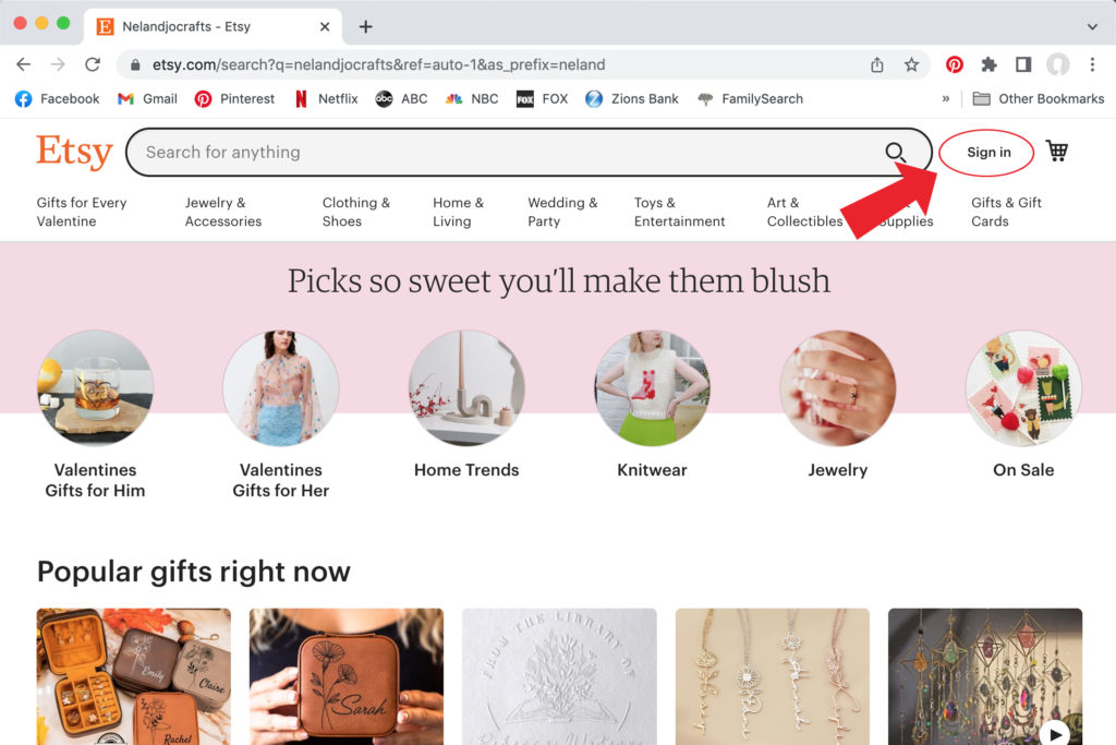 The pictures is a screen show of a web browser showing Etsy.com. A red arrow and circle highlight the sign in button.