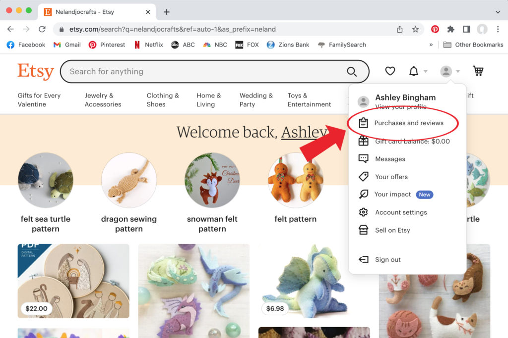 The pictures is a screen show of a web browser showing Etsy.com. A red arrow and circle highlight step 3, clicking on the purchases and reviews button.