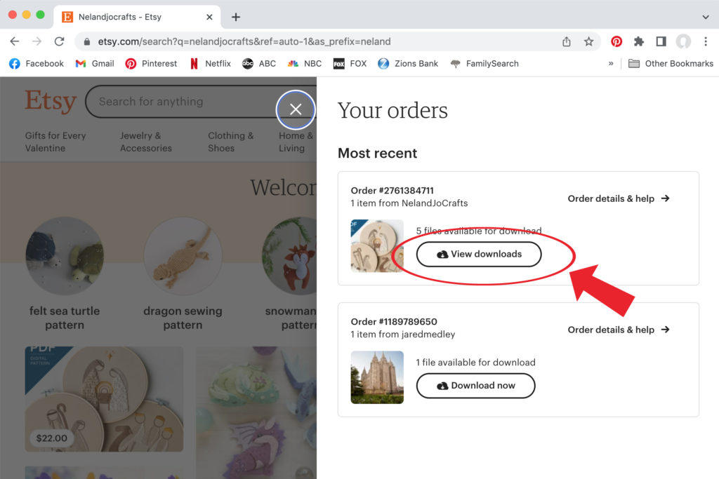 The pictures is a screen show of a web browser showing Etsy.com. A red arrow and circle highlight the view downloads button.