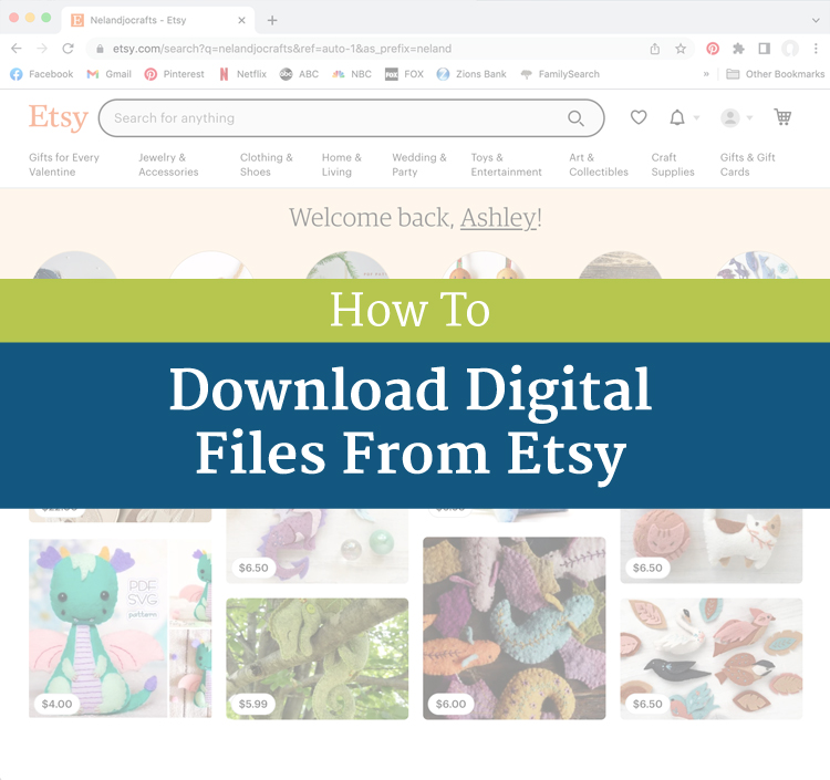 We can see a partially whited out screen shot of Etsy.com covered in a green and blue banner. The banner reads "How to download digital files from Etsy."