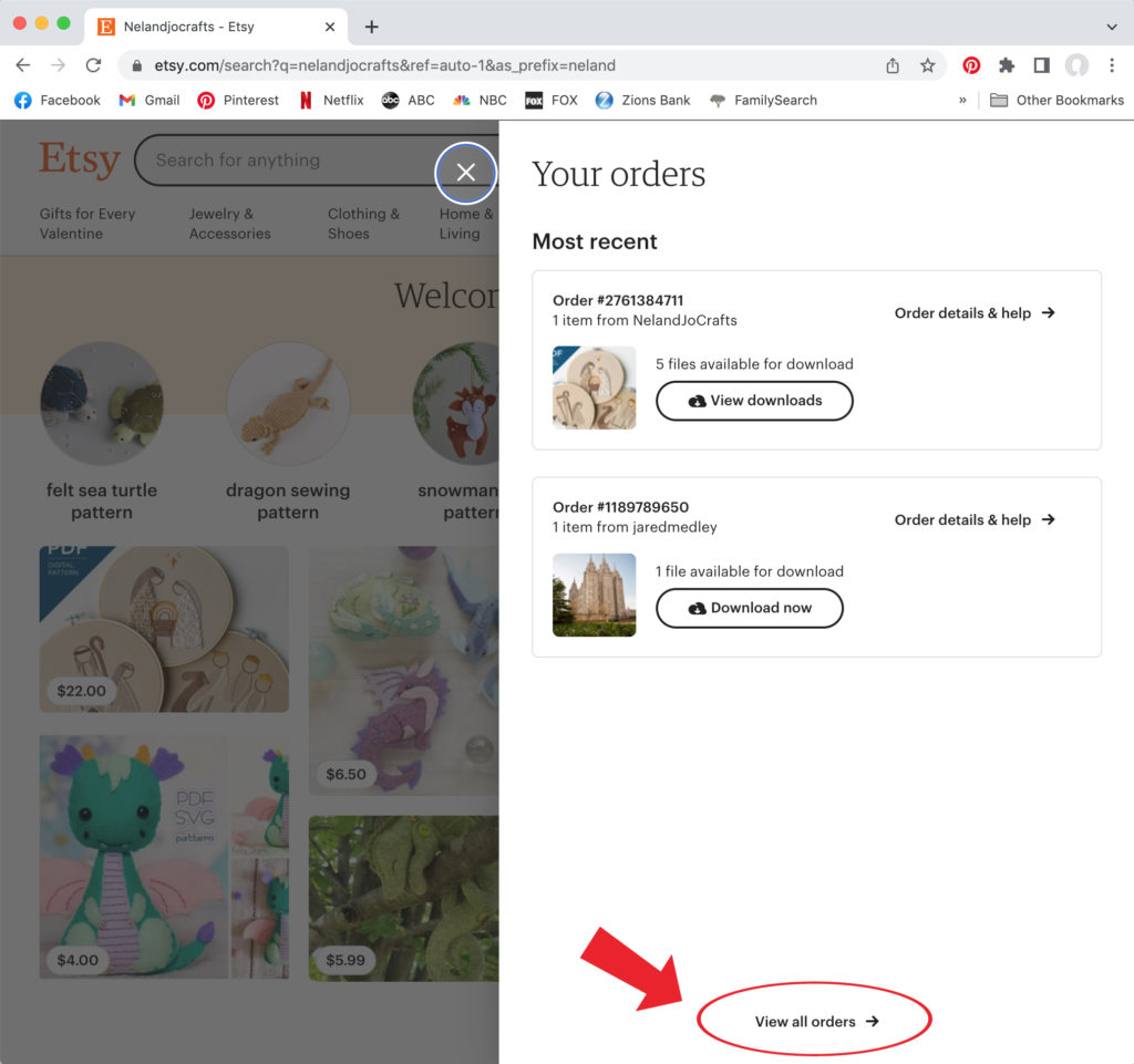 The pictures is a screen show of a web browser showing Etsy.com. A red arrow and circle highlight the view all orders button.